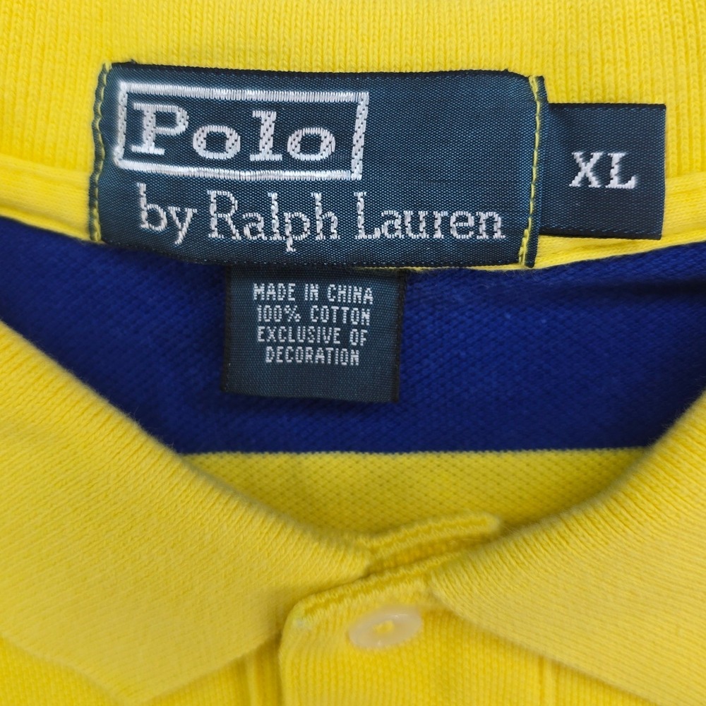 Polo Ralph Lauren Stripe Polo Shirt Mens XL Yellow Red Blue Cotton Pique Vintage - Picture 4 of 7